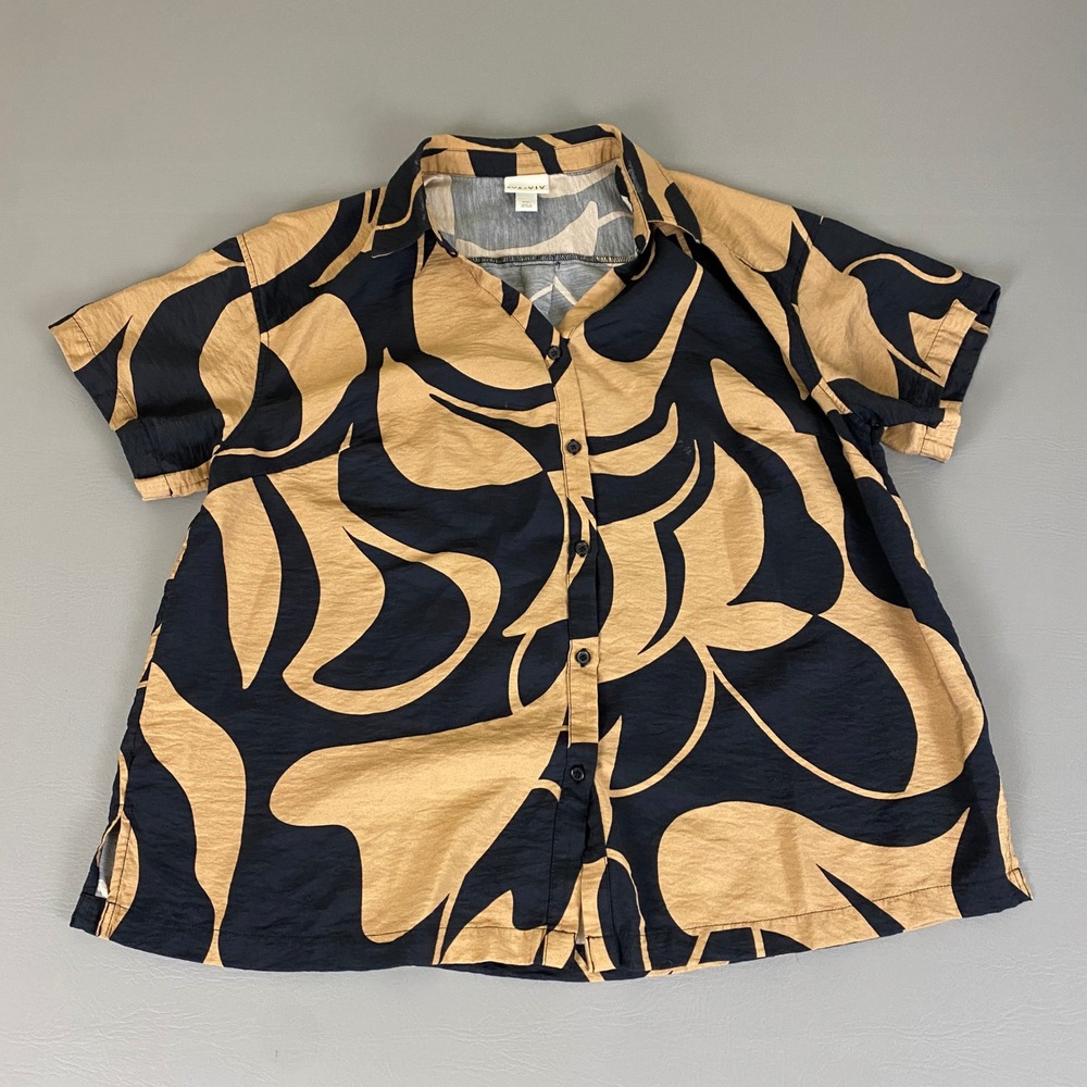 AVA & VIV Top Blouse Women's XXL Black & Beige‎ Abstract Button Up Short Sleeve